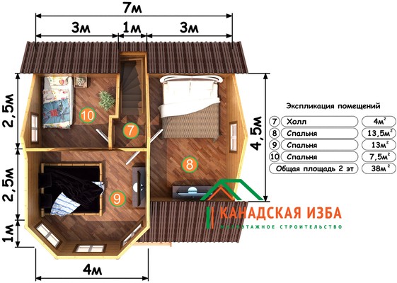 Планировка 2 этажа дома из бруса &quot;Фаворит&quot; 7 на 7