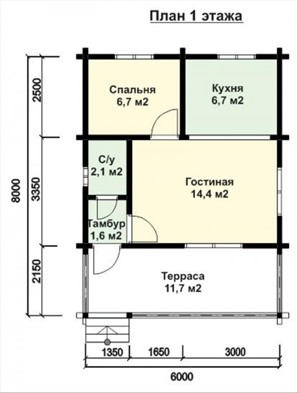 Планировка дома с террасой из бруса 6 на 8