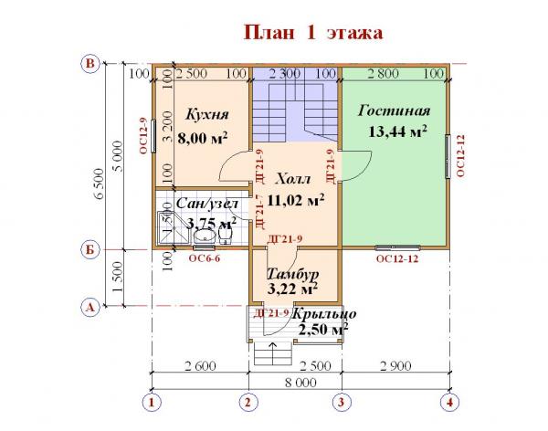 Планировка 1 этажа дома из бруса 6 на 8