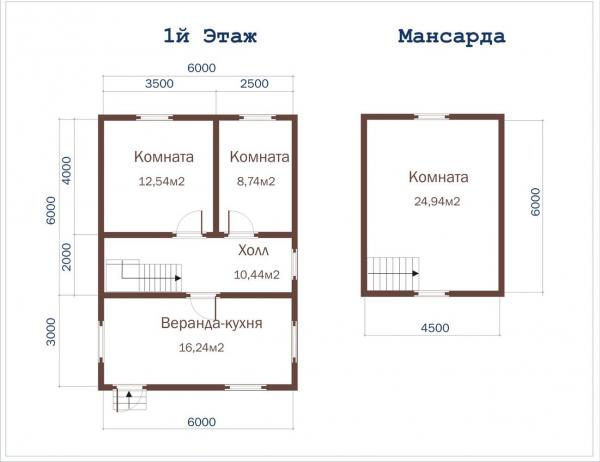 Планировка дома с верандой из бруса 6 на 9