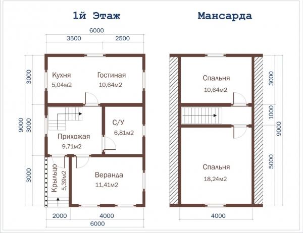 Планировка вместительного дома из бруса 6 на 9