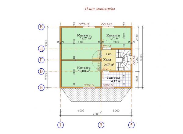 План мансардного этажа дома с эркером из бруса 7 на 7