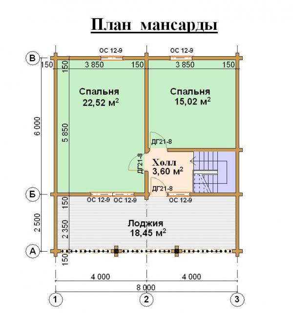 План мансарды домика для садоводов 8 на 8