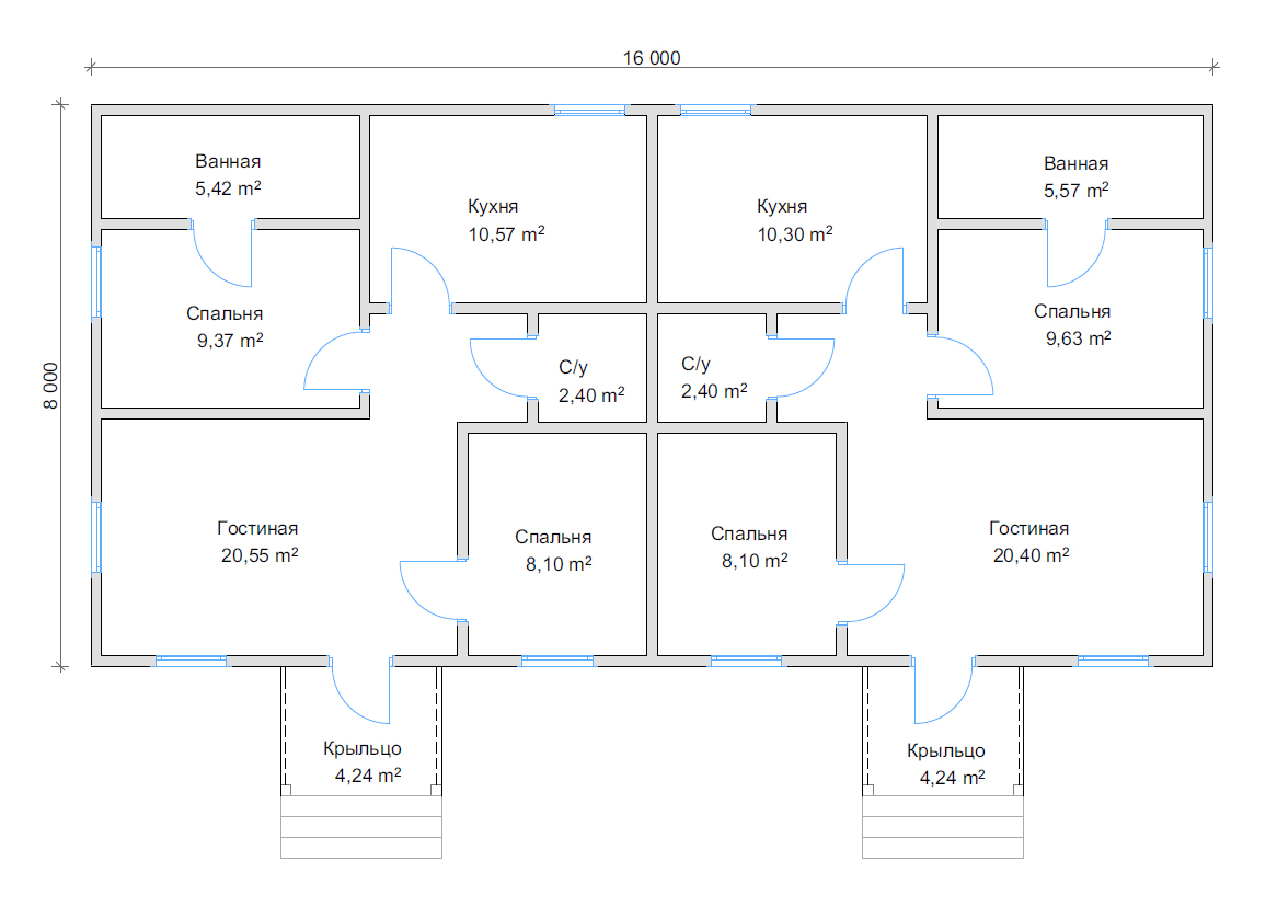 Планировка дома на двух хозяев 16х8