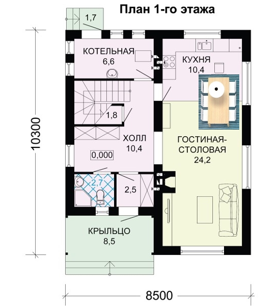 План 1 этажа дома 8 на 10 с мансардой.