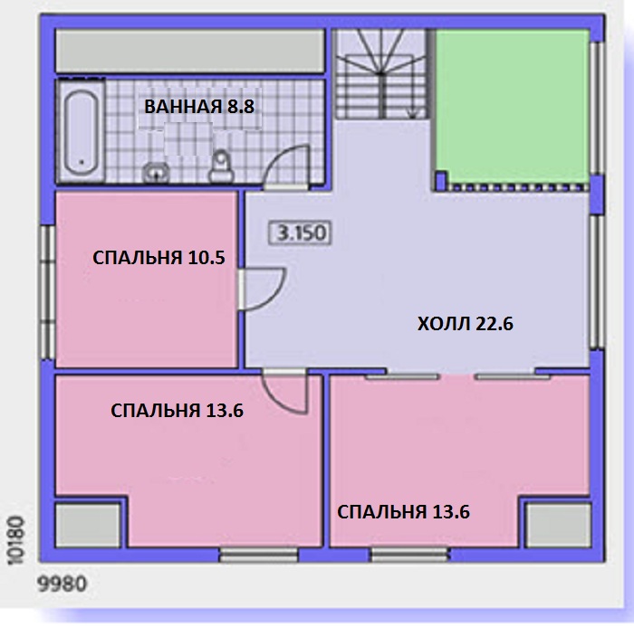 На плане второго этажа отлично видно, что дом 12x12 построен удобно – жители быстро могут попасть в любое помещение.