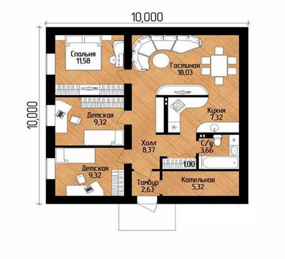 Одноэтажный дом 10×10: планировка комнат, варианты проектов