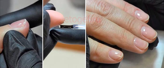 Процесс выравнивания ногтей густым базовым покрытием