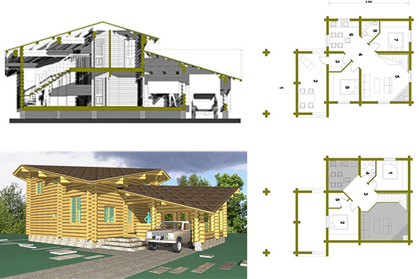 Проект одноэтажного дома из бревна