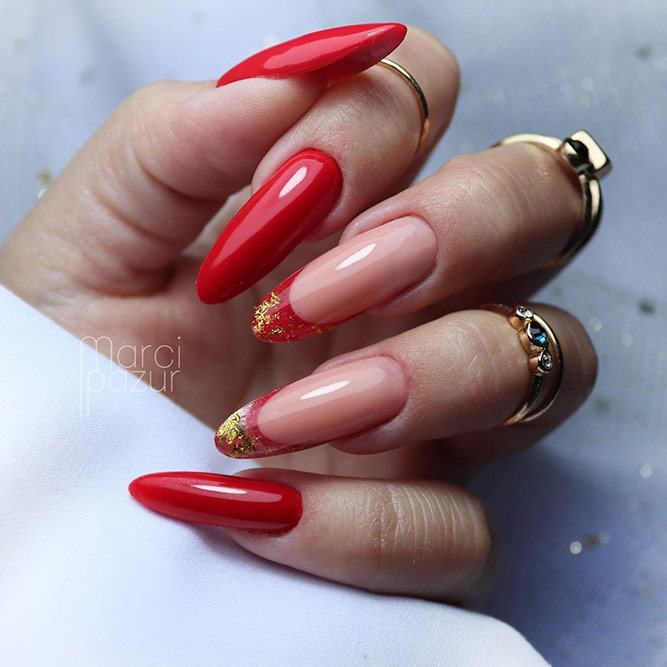 Red And Gold French Nail Design #goldfoil #rednaildesign