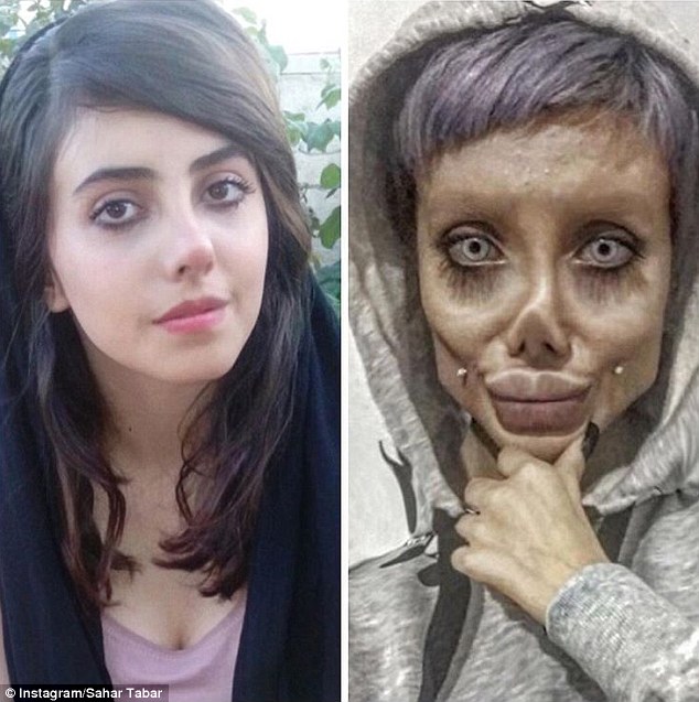 Sahar Tabar, now 20, from Tehran who hit headlines with her bizarre transformation into Angelina Jolie has shown her real face (left) for the first time 