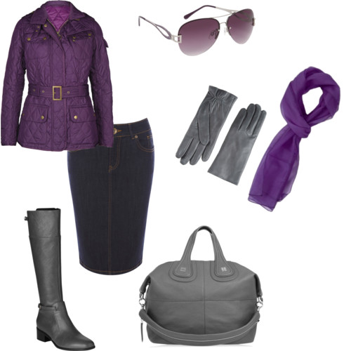 серые сапоги и фиолетовая куртка
