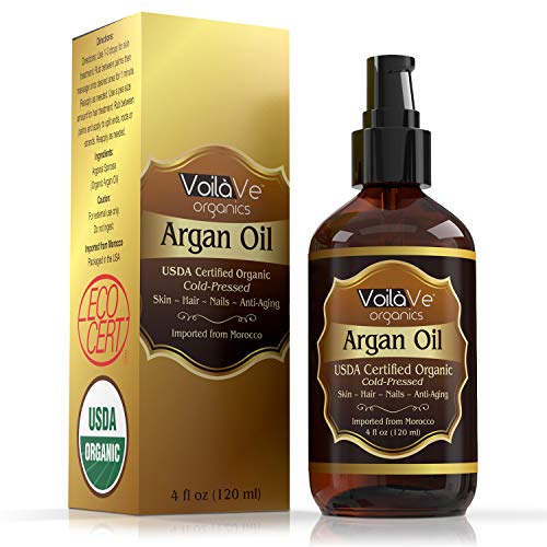 VoilaVe USDA and ECOCERT Pure Organic Moroccan Argan Oil for Skin, Nails & Hair Growth, Anti-Aging Face Moisturizer, Cold Pressed, Hair Moisturizer, Rich in Vitamin E & Carotenes, 4 fl oz