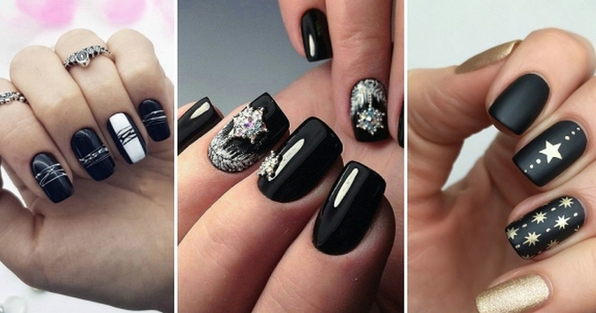 Черный новогодний маникюр – стильный праздничный дизайн для ногтей любой длины и формы
