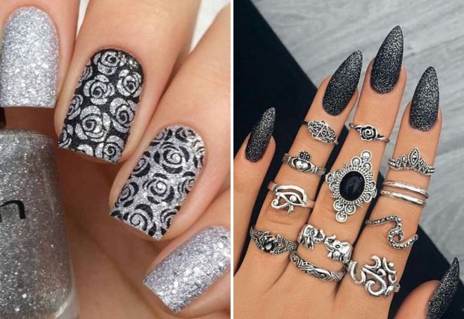 дизайн ногтей черный с серебром