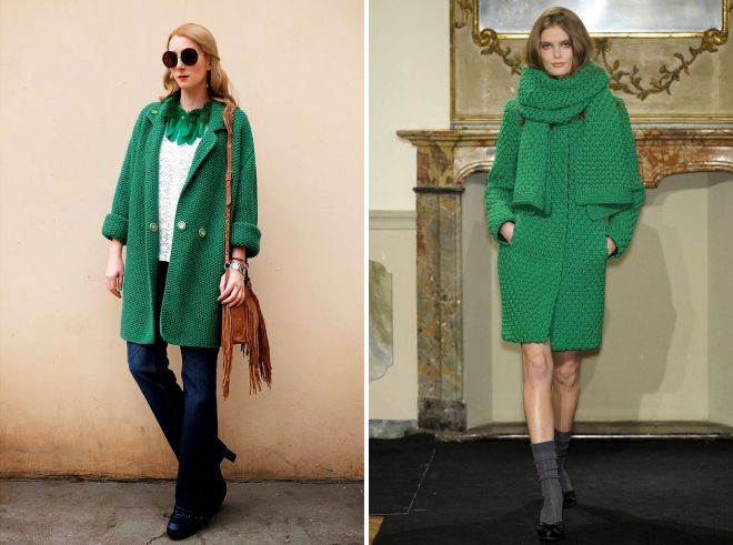 зеленое вязаное пальто